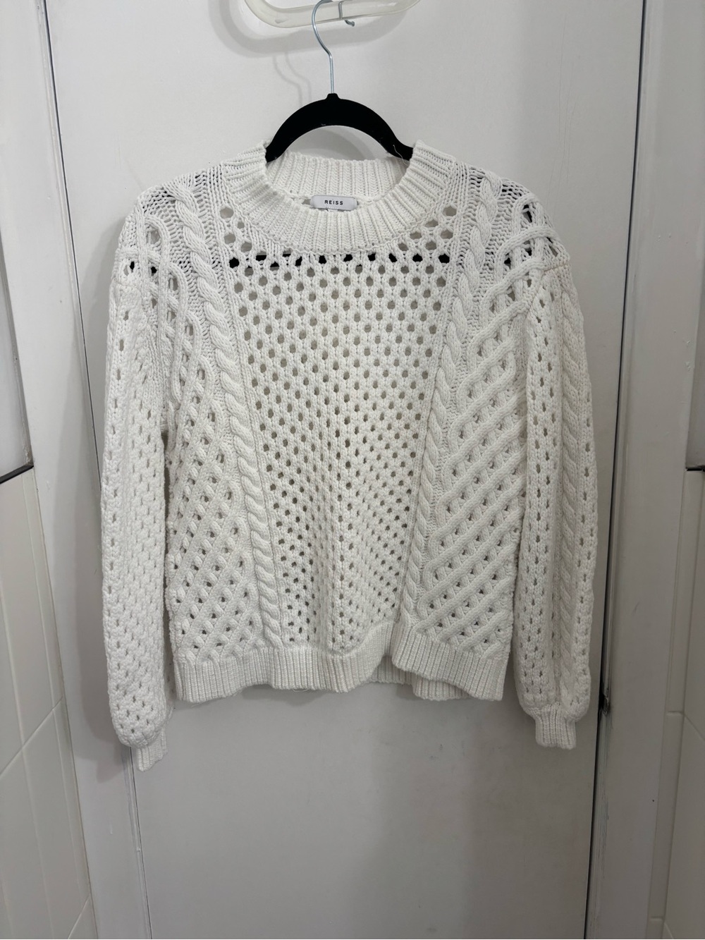 Reiss White Openwork Cable-Knit Crewneck Sweater